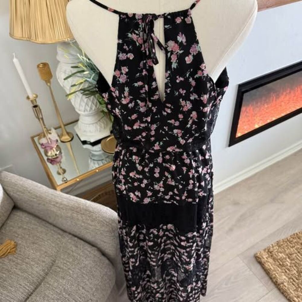Black Floral Maxi Dress Women Small Boho Lace Layered Spaghetti Straps Size L - Picture 9 of 14